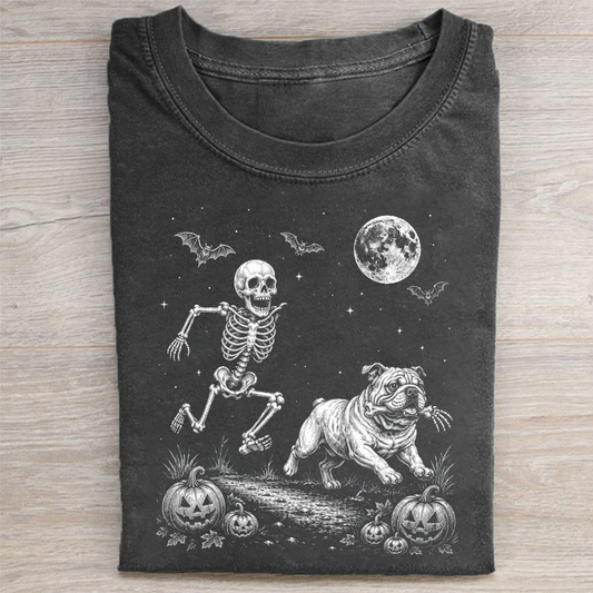 Funny Skeleton Chasing English Bulldog T-shirt