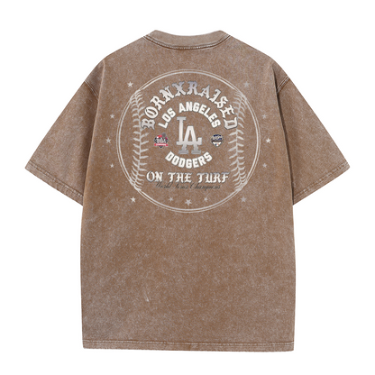 Vintage LA Circle Logo Washed T-Shirt – Retro Baseball Graphic Streetwear Tee