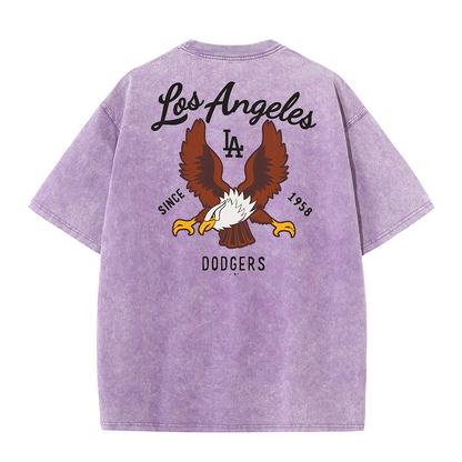 Los Angeles Script & Eagle Print Washed Tee – Retro LA Street Style T-Shirt
