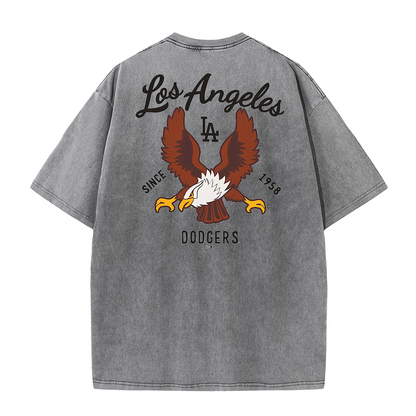 Los Angeles Script & Eagle Print Washed Tee – Retro LA Street Style T-Shirt