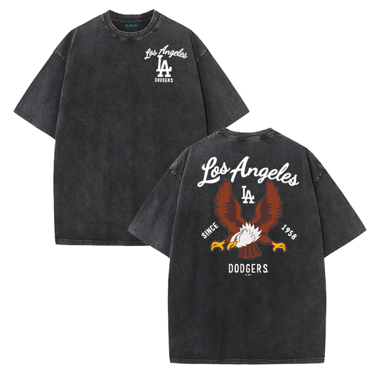 Los Angeles Script & Eagle Print Washed Tee – Retro LA Street Style T-Shirt