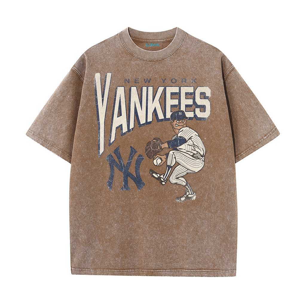 Vintage Cartoon Pitcher NY Style Graphic Retro Casual Short Sleeve