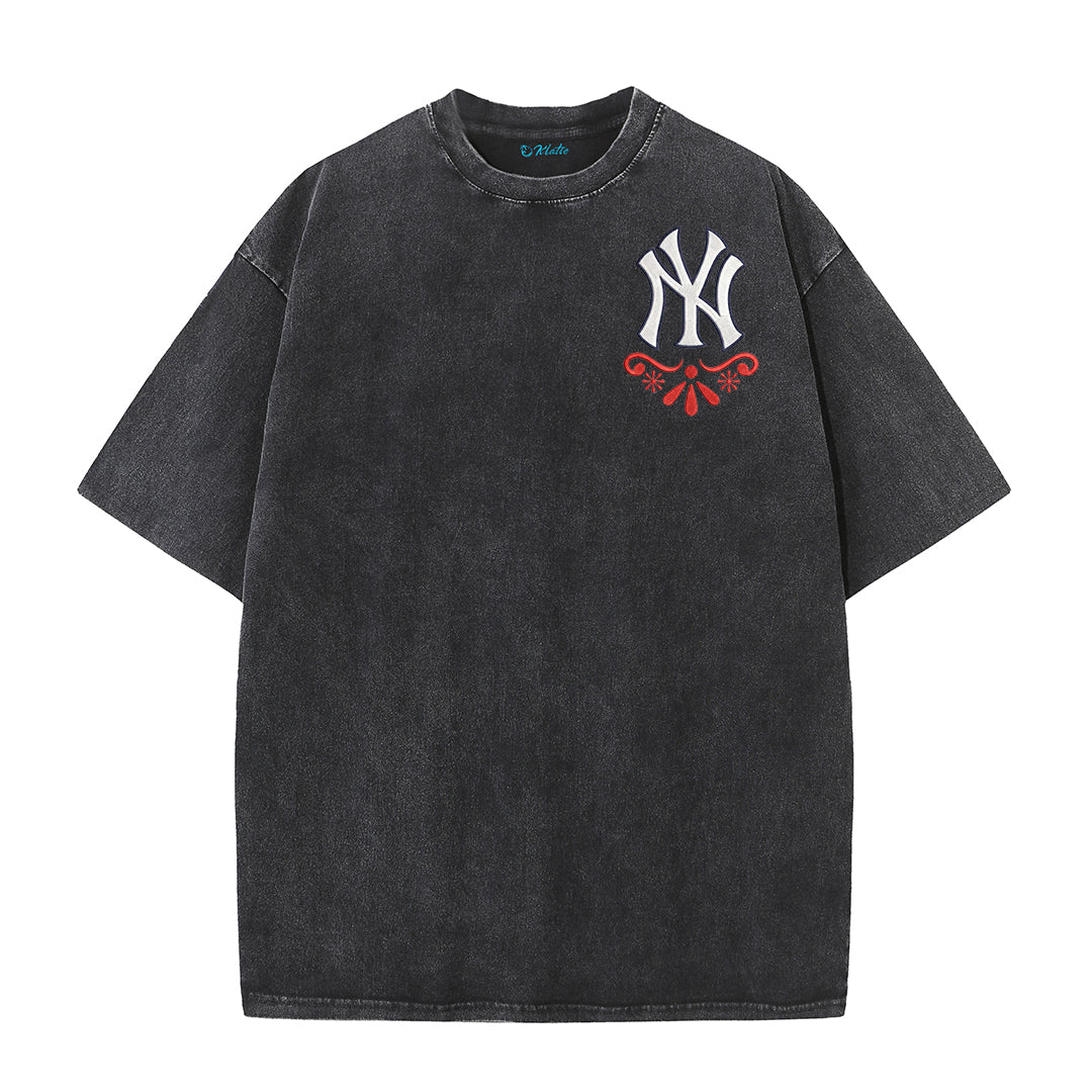 Vintage Washed Black NY Inspired Sugar Skull Retro Baseball Graphic Tee