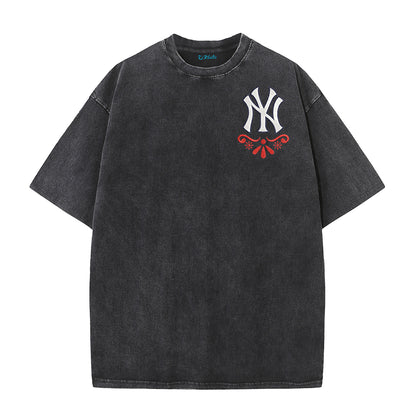 Vintage Washed Black NY Inspired Sugar Skull Retro Baseball Graphic Tee