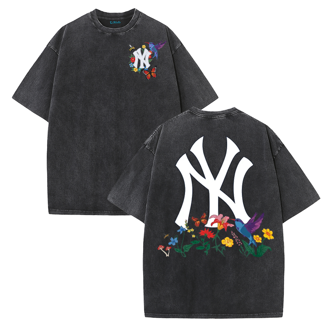 Vintage Washed Black NY Floral Graphic Retro Streetwear Tee