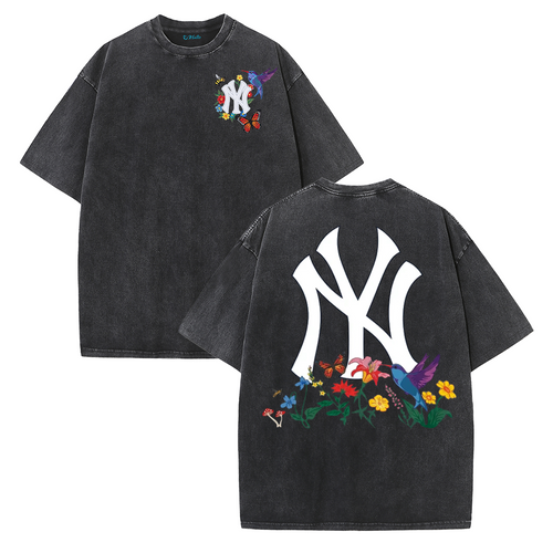 Vintage Washed Black NY Floral Graphic Retro Streetwear Tee