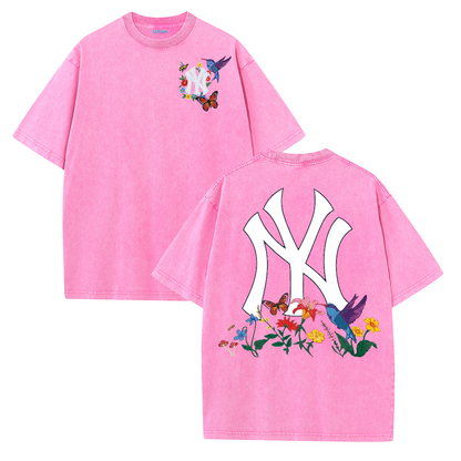 Vintage Washed Black NY Floral Graphic Retro Streetwear Tee