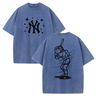 New York Inspired Space Baseball Player Retro Distressed T-Shirt