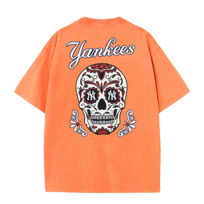 Vintage Washed Black NY Inspired Sugar Skull Retro Baseball Graphic Tee