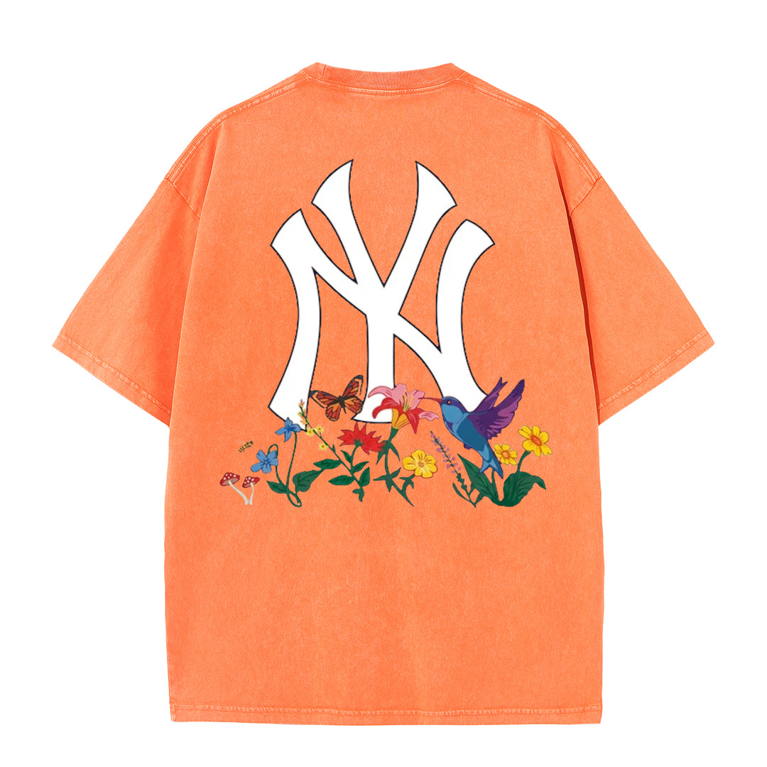 Vintage Washed Black NY Floral Graphic Retro Streetwear Tee