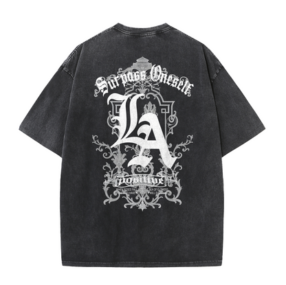 LA Letter Back Print Vintage Washed T-Shirt – Cotton Streetwear Graphic Tee