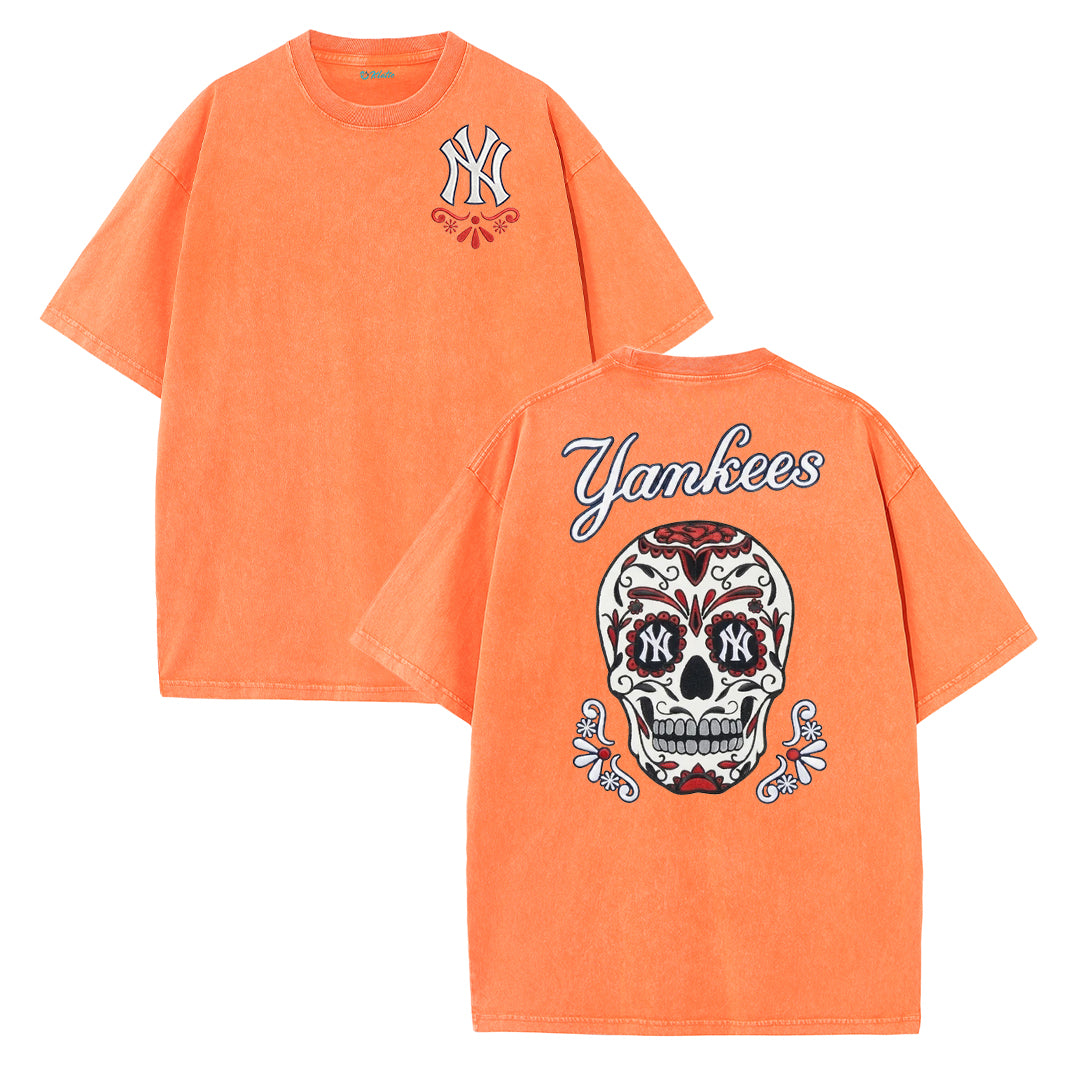 Vintage Washed Black NY Inspired Sugar Skull Retro Baseball Graphic Tee