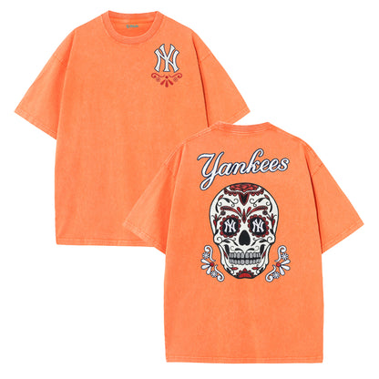 Vintage Washed Black NY Inspired Sugar Skull Retro Baseball Graphic Tee