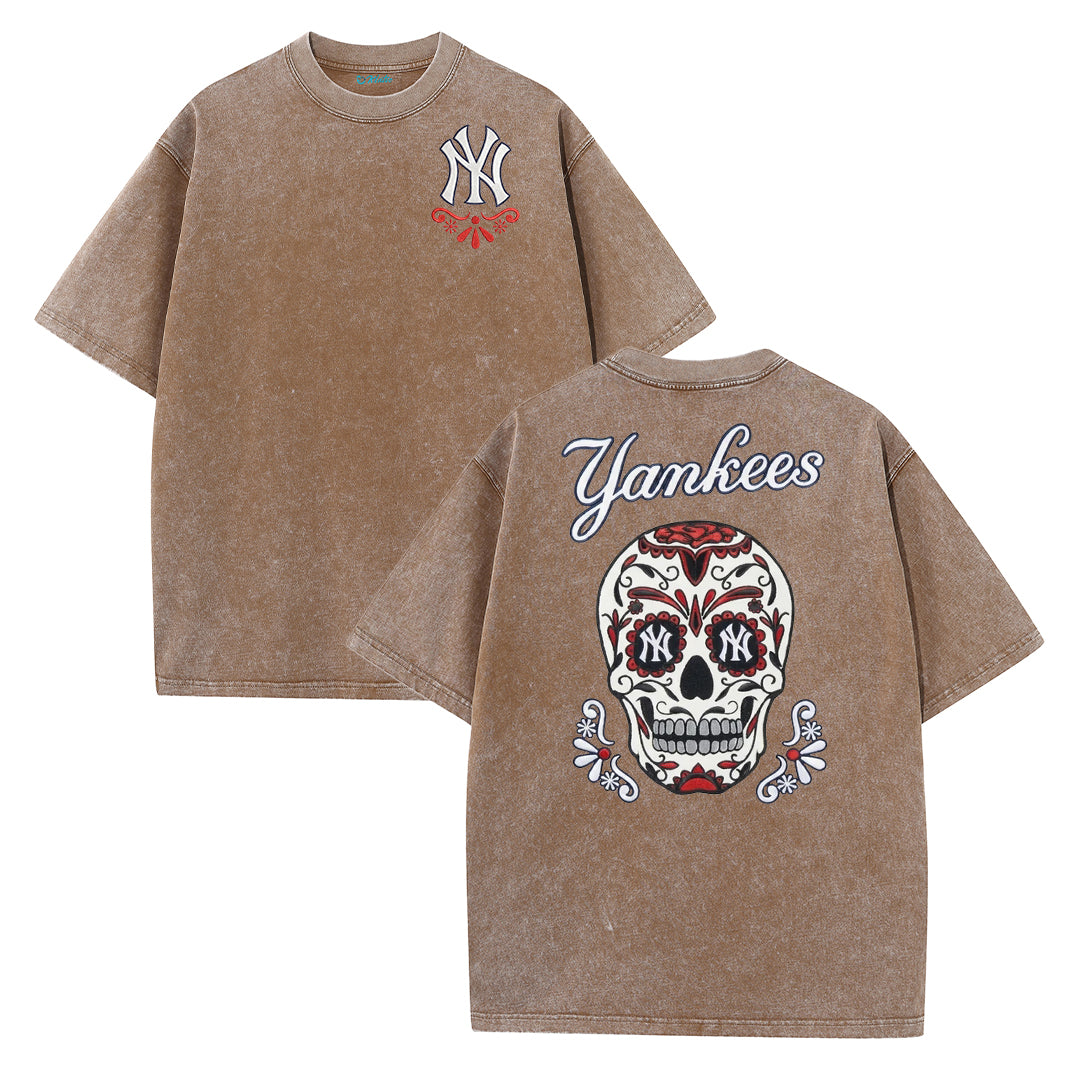 Vintage Washed Black NY Inspired Sugar Skull Retro Baseball Graphic Tee