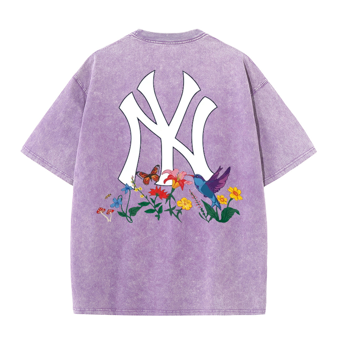Vintage Washed Black NY Floral Graphic Retro Streetwear Tee