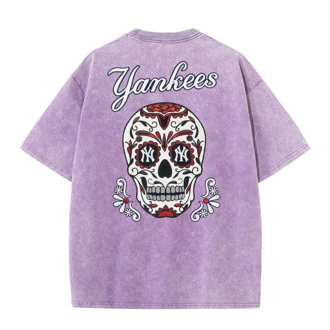 Vintage Washed Black NY Inspired Sugar Skull Retro Baseball Graphic Tee