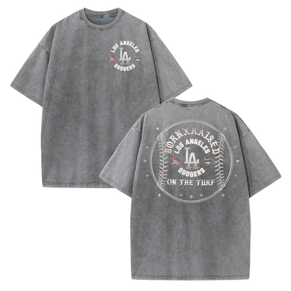 Vintage LA Circle Logo Washed T-Shirt – Retro Baseball Graphic Streetwear Tee
