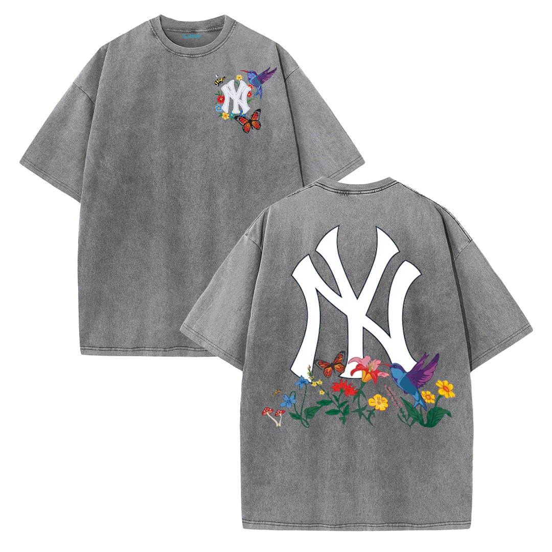 Vintage Washed Black NY Floral Graphic Retro Streetwear Tee