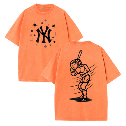 New York Inspired Space Baseball Player Retro Distressed T-Shirt