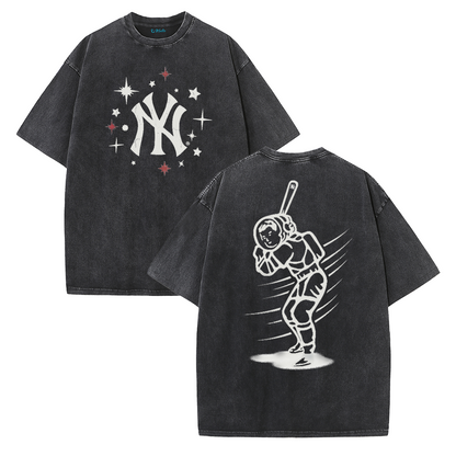 New York Inspired Space Baseball Player Retro Distressed T-Shirt