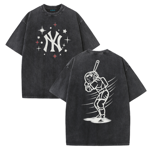 New York Inspired Space Baseball Player Retro Distressed T-Shirt
