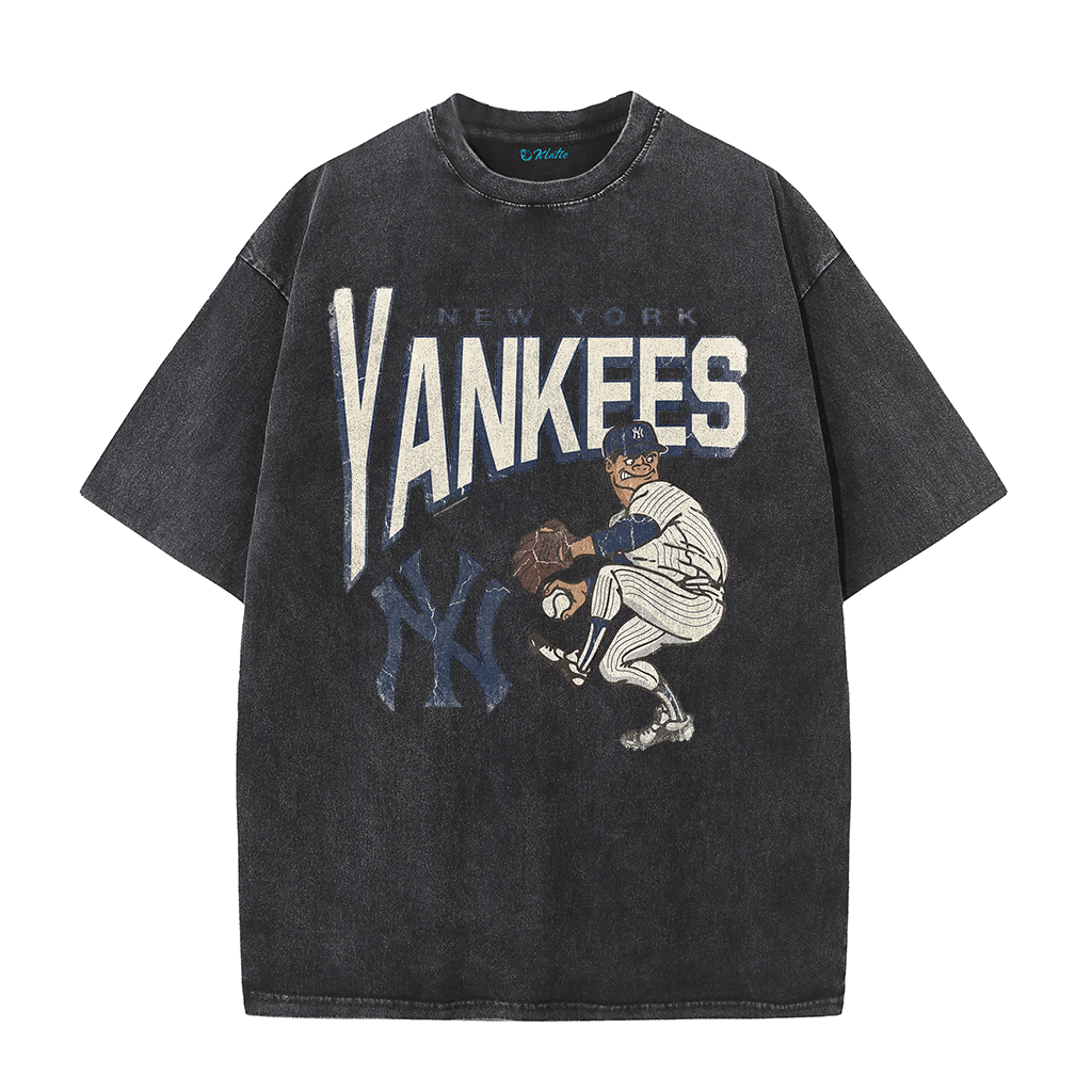 Vintage Cartoon Pitcher NY Style Graphic Retro Casual Short Sleeve