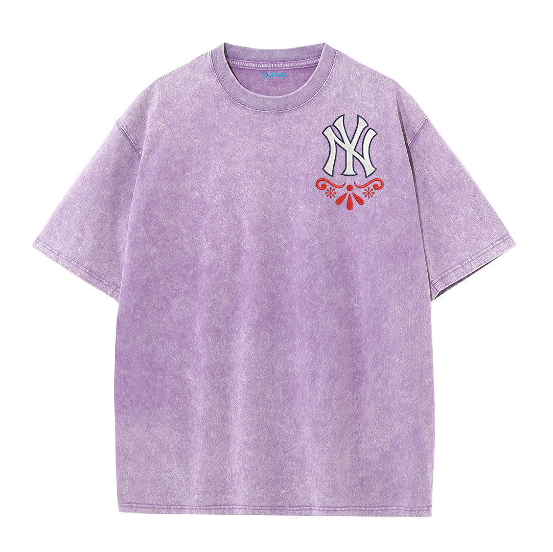 Vintage Washed Black NY Inspired Sugar Skull Retro Baseball Graphic Tee