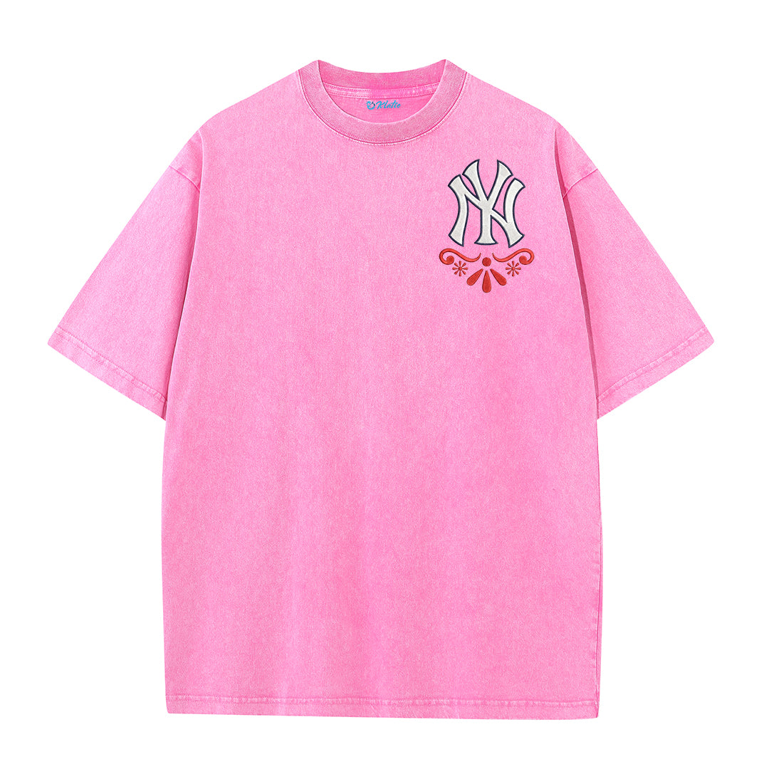 Vintage Washed Black NY Inspired Sugar Skull Retro Baseball Graphic Tee