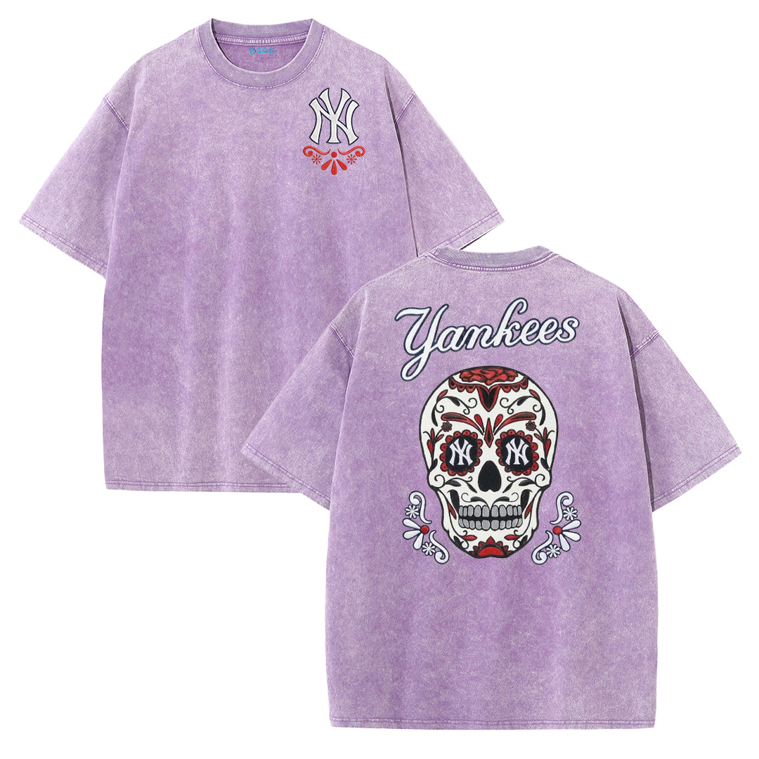 Vintage Washed Black NY Inspired Sugar Skull Retro Baseball Graphic Tee