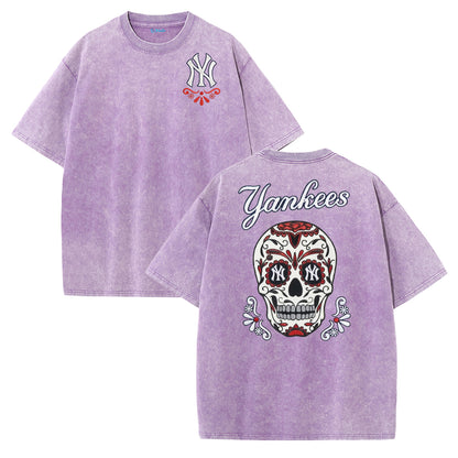 Vintage Washed Black NY Inspired Sugar Skull Retro Baseball Graphic Tee