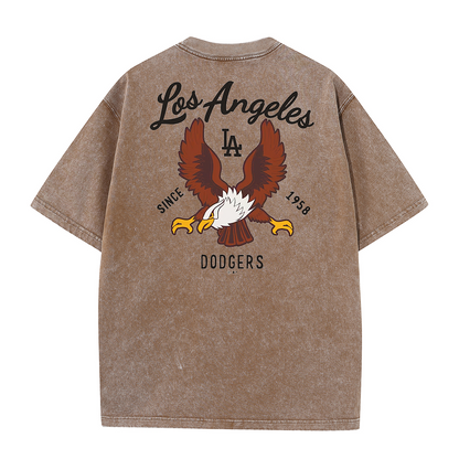 Los Angeles Script & Eagle Print Washed Tee – Retro LA Street Style T-Shirt