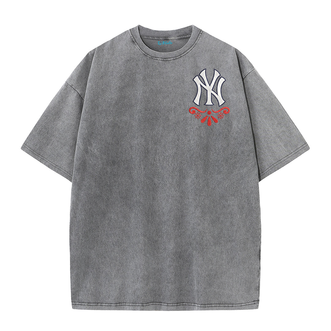 Vintage Washed Black NY Inspired Sugar Skull Retro Baseball Graphic Tee