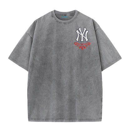 Vintage Washed Black NY Inspired Sugar Skull Retro Baseball Graphic Tee