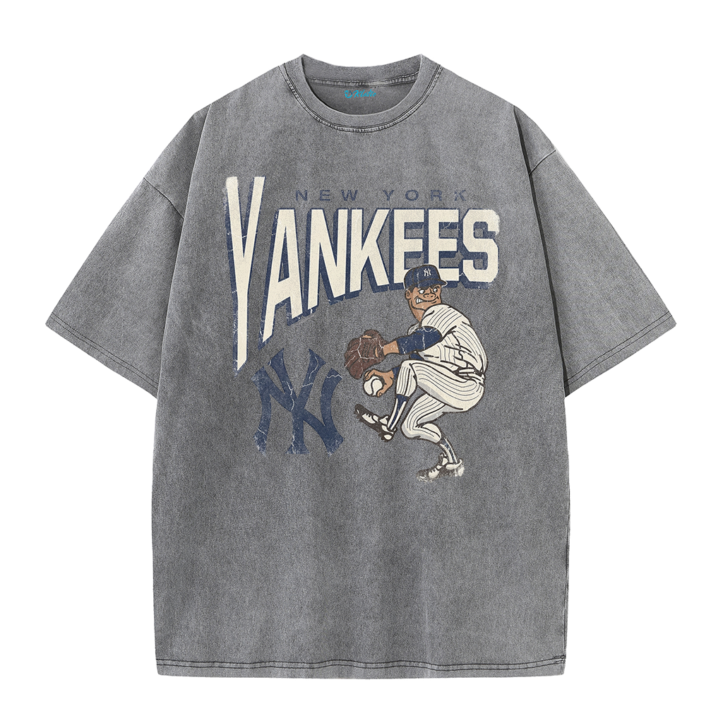 Vintage Cartoon Pitcher NY Style Graphic Retro Casual Short Sleeve