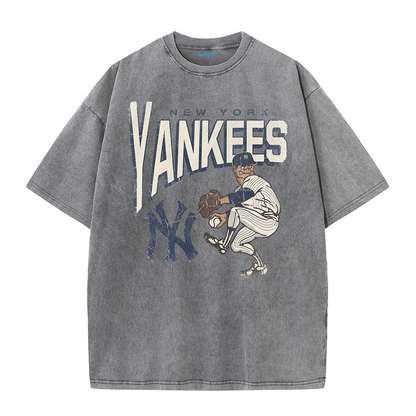 Vintage Cartoon Pitcher NY Style Graphic Retro Casual Short Sleeve