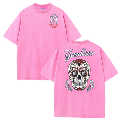 Vintage Washed Black NY Inspired Sugar Skull Retro Baseball Graphic Tee