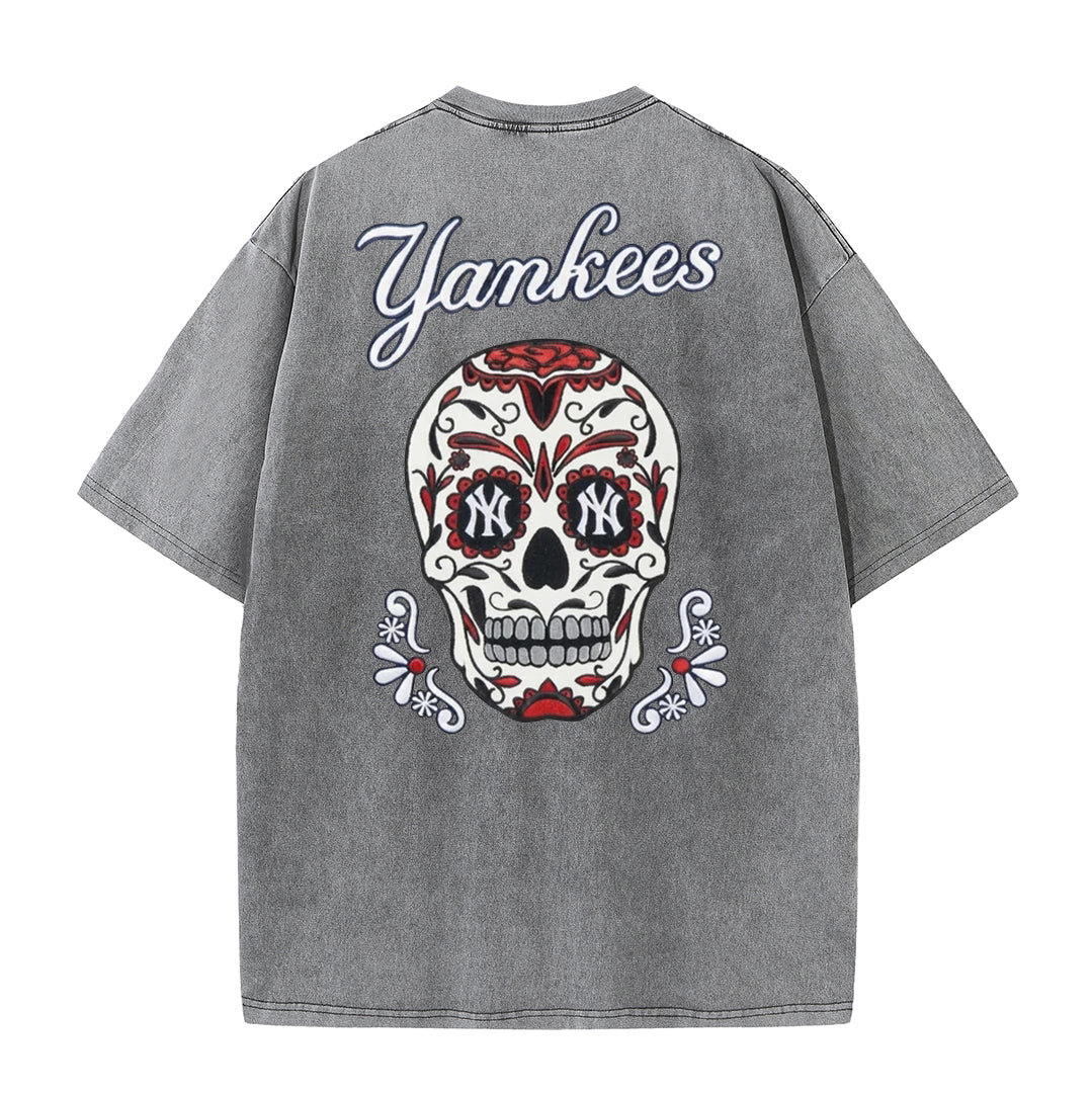 Vintage Washed Black NY Inspired Sugar Skull Retro Baseball Graphic Tee