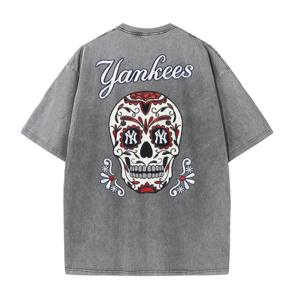 Vintage Washed Black NY Inspired Sugar Skull Retro Baseball Graphic Tee