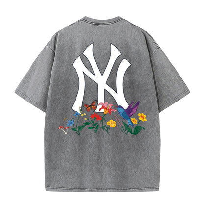 Vintage Washed Black NY Floral Graphic Retro Streetwear Tee
