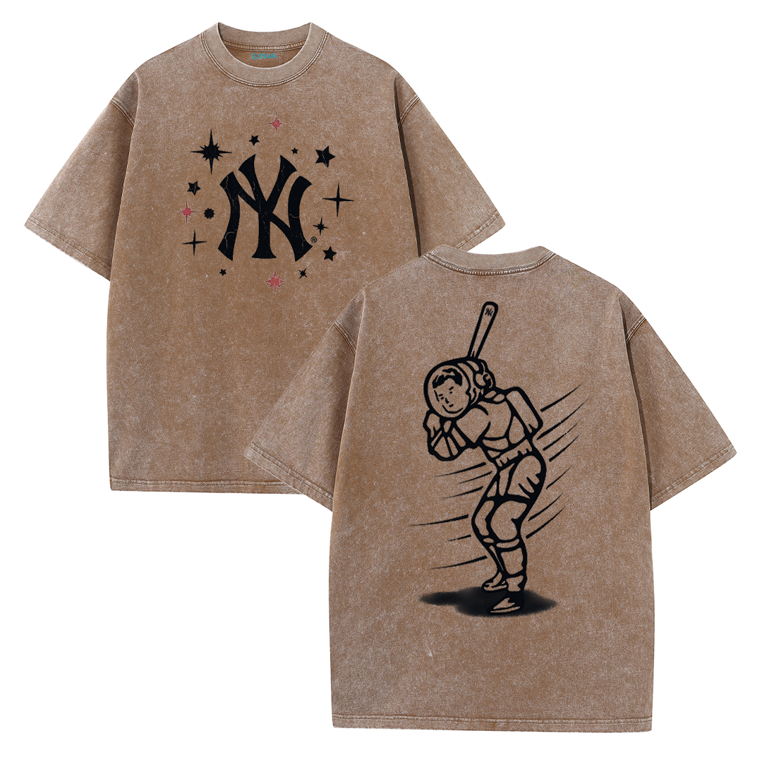 New York Inspired Space Baseball Player Retro Distressed T-Shirt