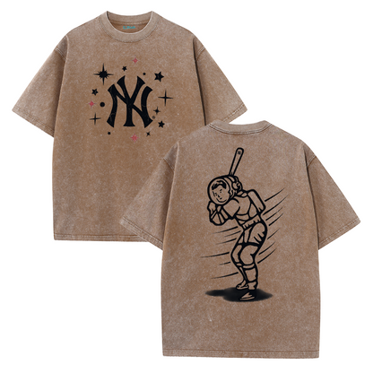 New York Inspired Space Baseball Player Retro Distressed T-Shirt