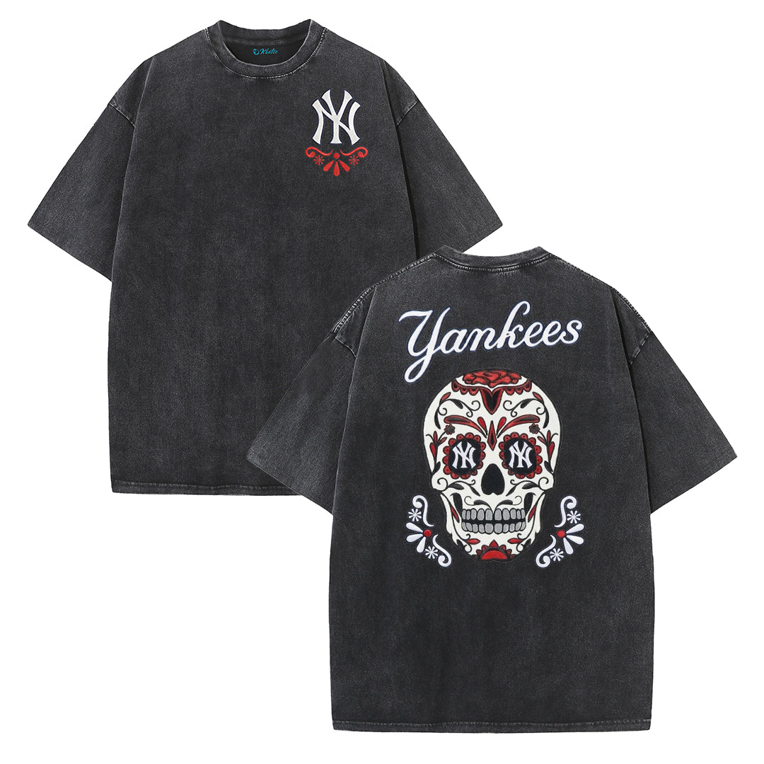 Vintage Washed Black NY Inspired Sugar Skull Retro Baseball Graphic Tee