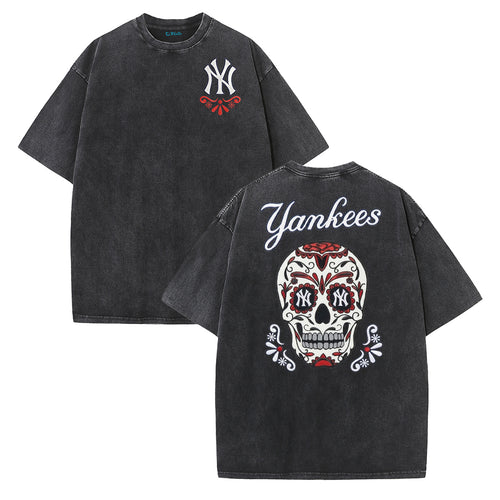 Vintage Washed Black NY Inspired Sugar Skull Retro Baseball Graphic Tee