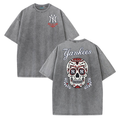 Vintage Washed Black NY Inspired Sugar Skull Retro Baseball Graphic Tee