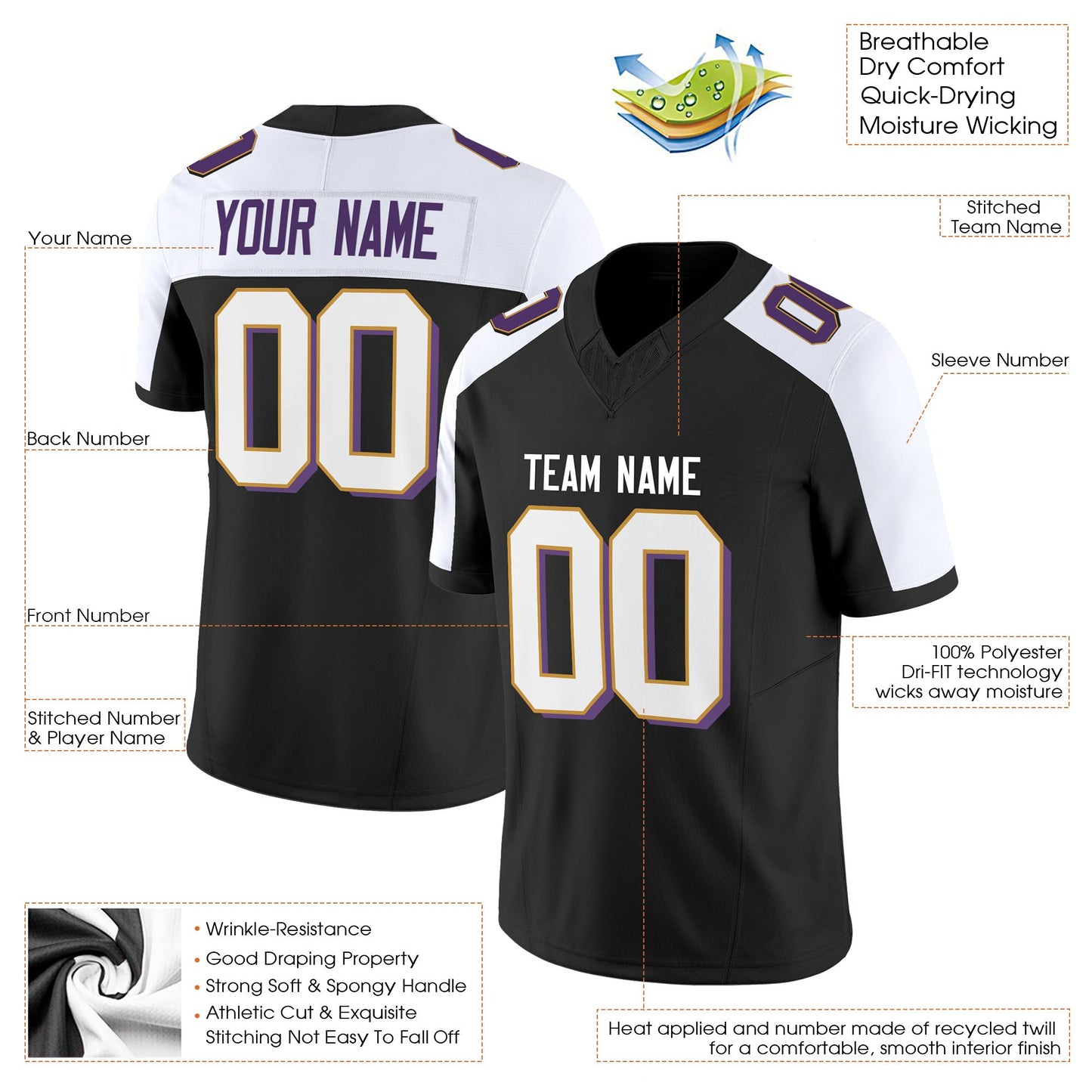 Black Alternate White-Gold Authentic Custom Football Jersey