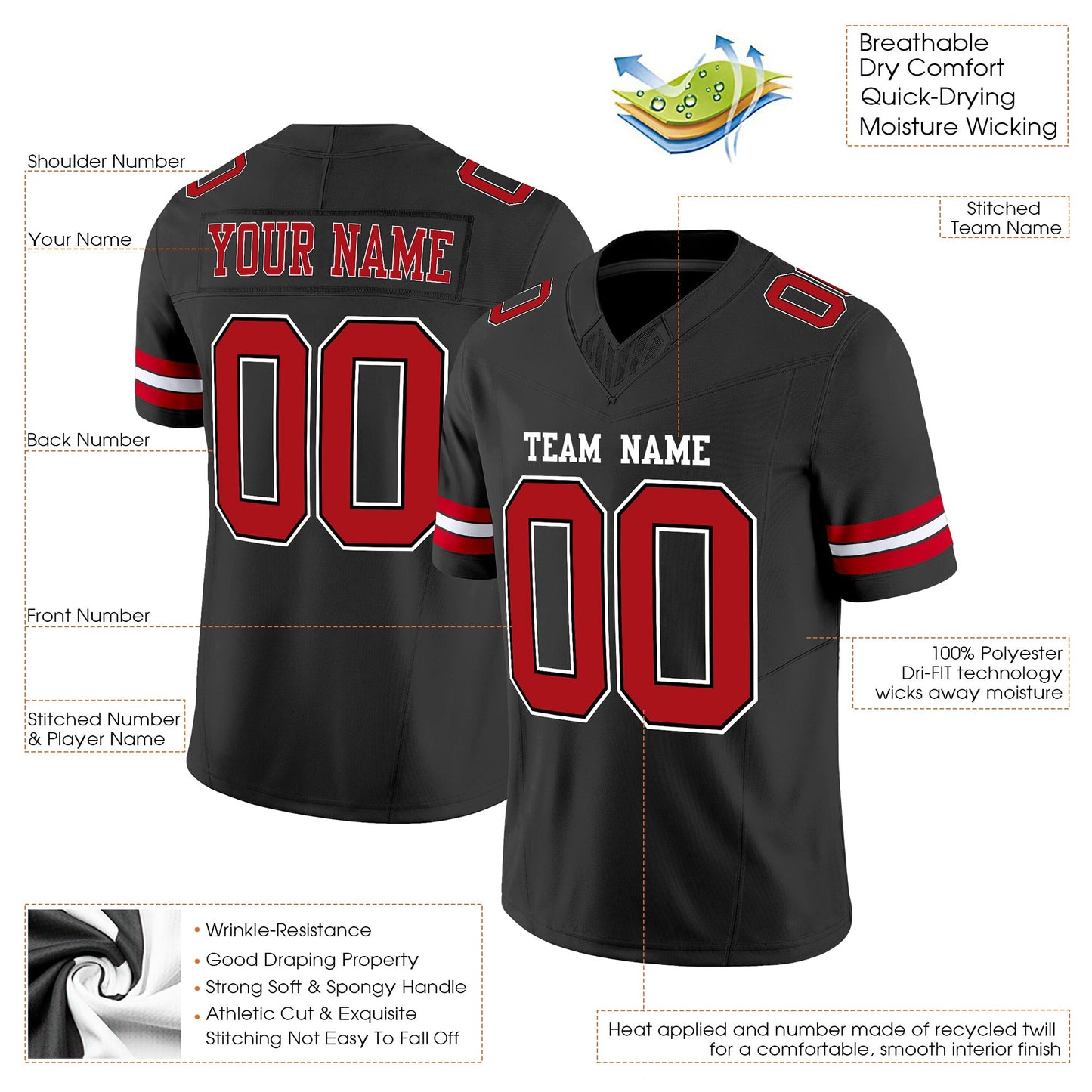 Black Red-White Authentic Custom Football Jersey