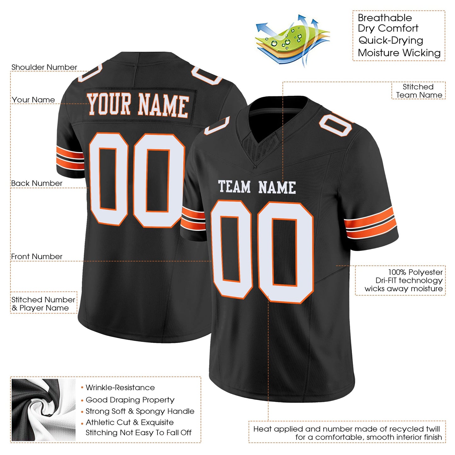 Black White-Orange Authentic Custom Football Jersey