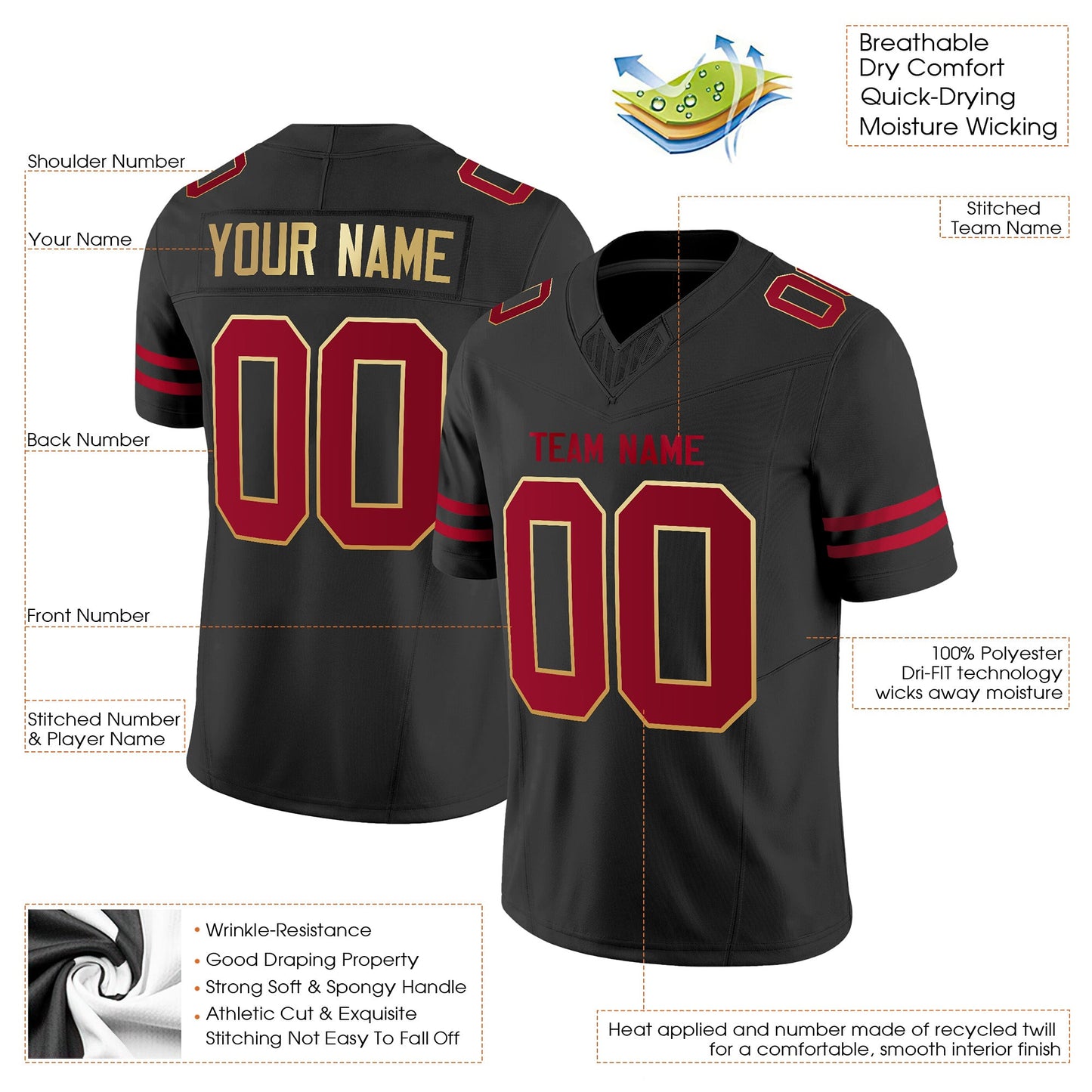 Black Red-Gold Authentic Custom Football Jersey