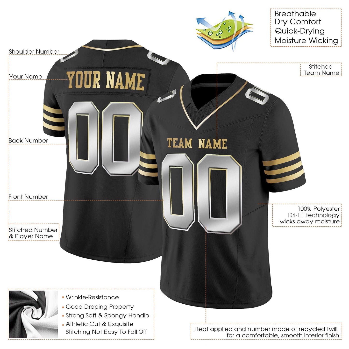 Black Silver-Gold Authentic Custom Football Jersey