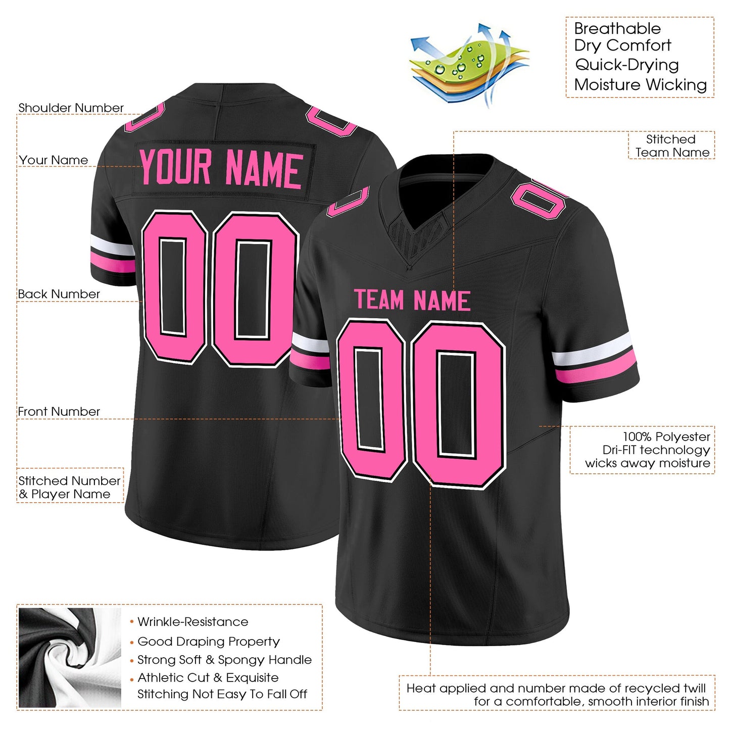 Black Pink-White Authentic Custom Football Jersey